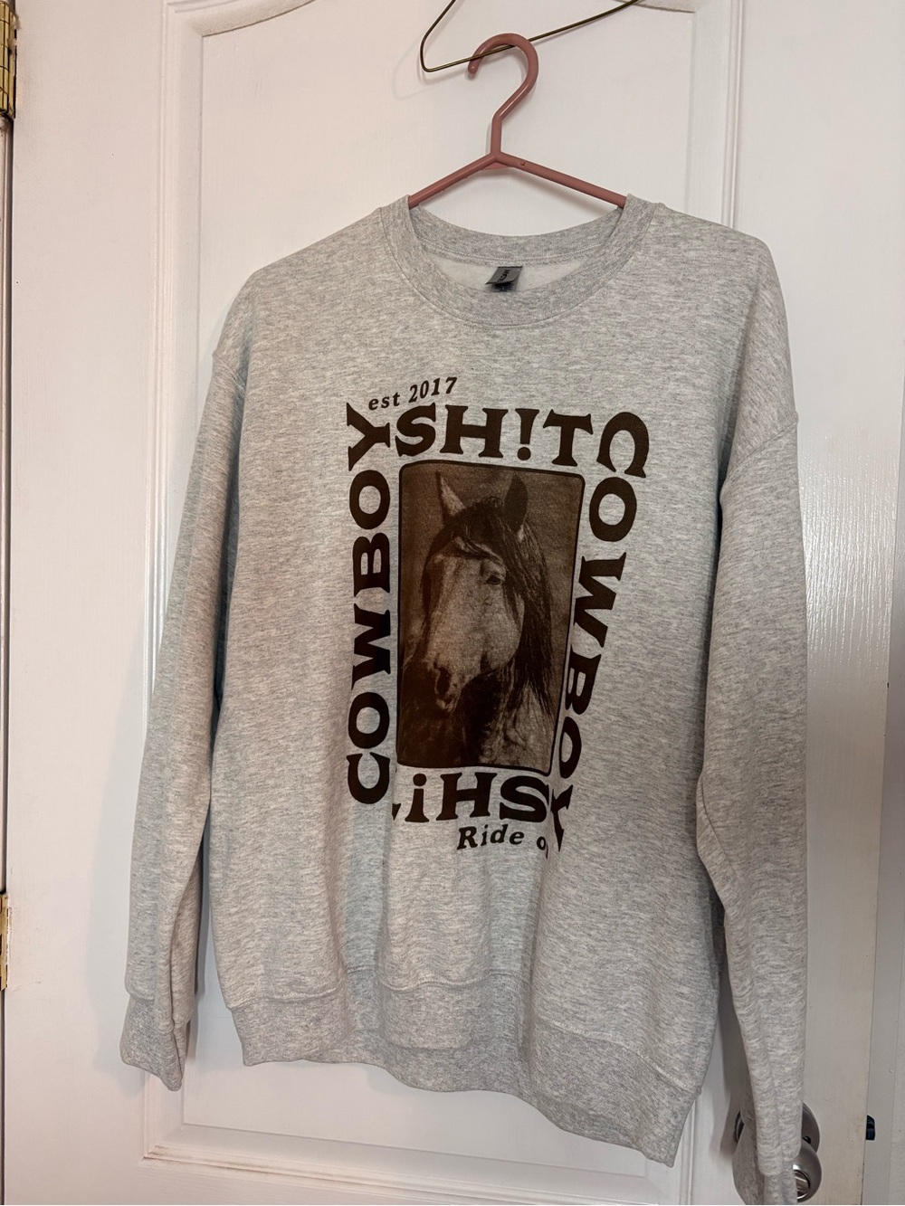 Gildan Light Heather Gray Crewneck Sweatshirt with Brown Horse Graphic